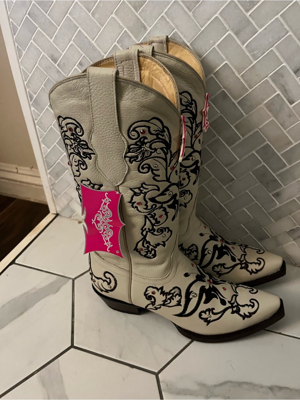 Cream Embroidered Western Heeled Boots with Pink Accents